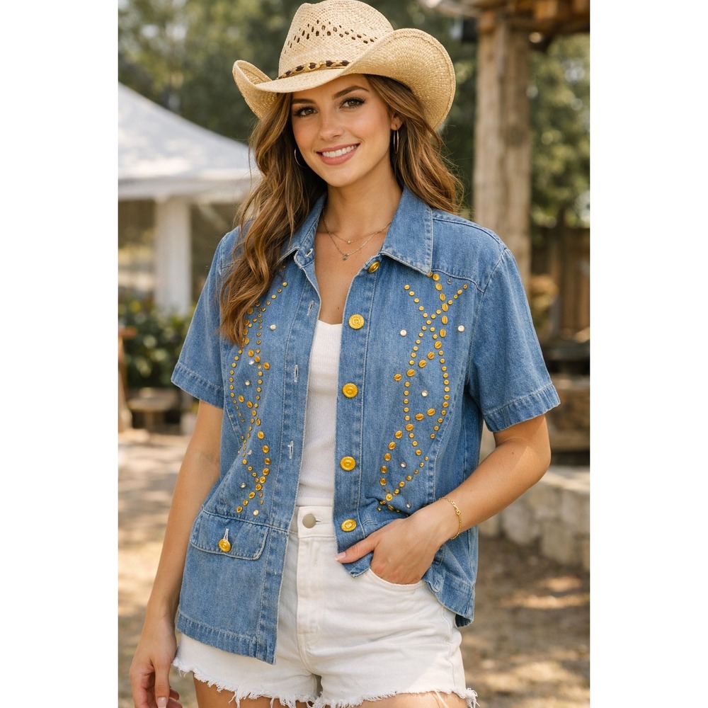 Alexa‎ EM Vintage Denim Studded Shirt Jacket Women's Western Gold Stud Top